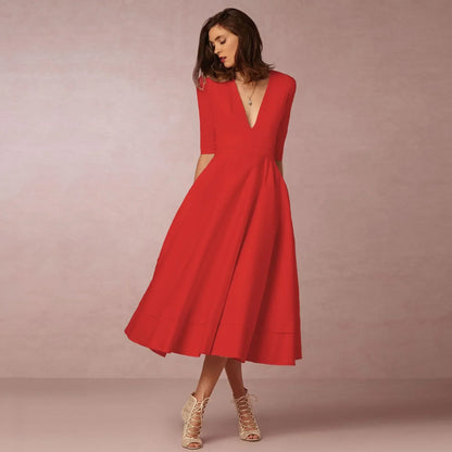 Elegant V-Neck Elbow-Sleeve Midi Dress