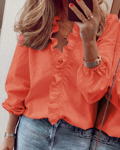 Ruffle V-Neck Long Sleeve Blouse for Women