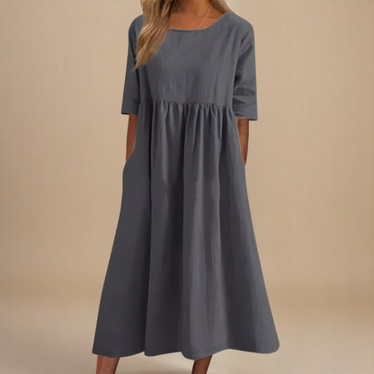 Women's Gathered Waist Half-Sleeve Midi Dress