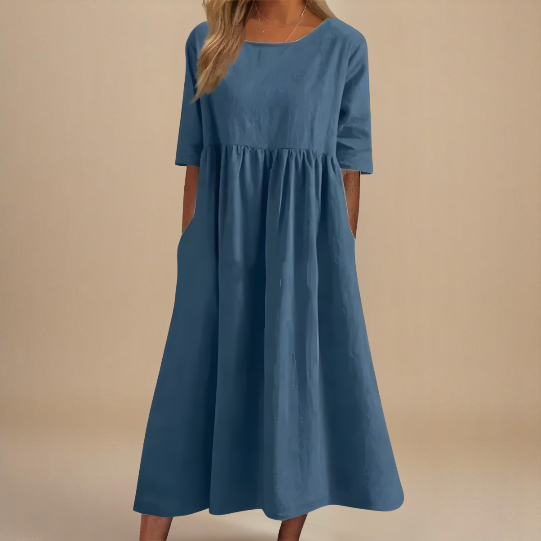 Women's Gathered Waist Half-Sleeve Midi Dress