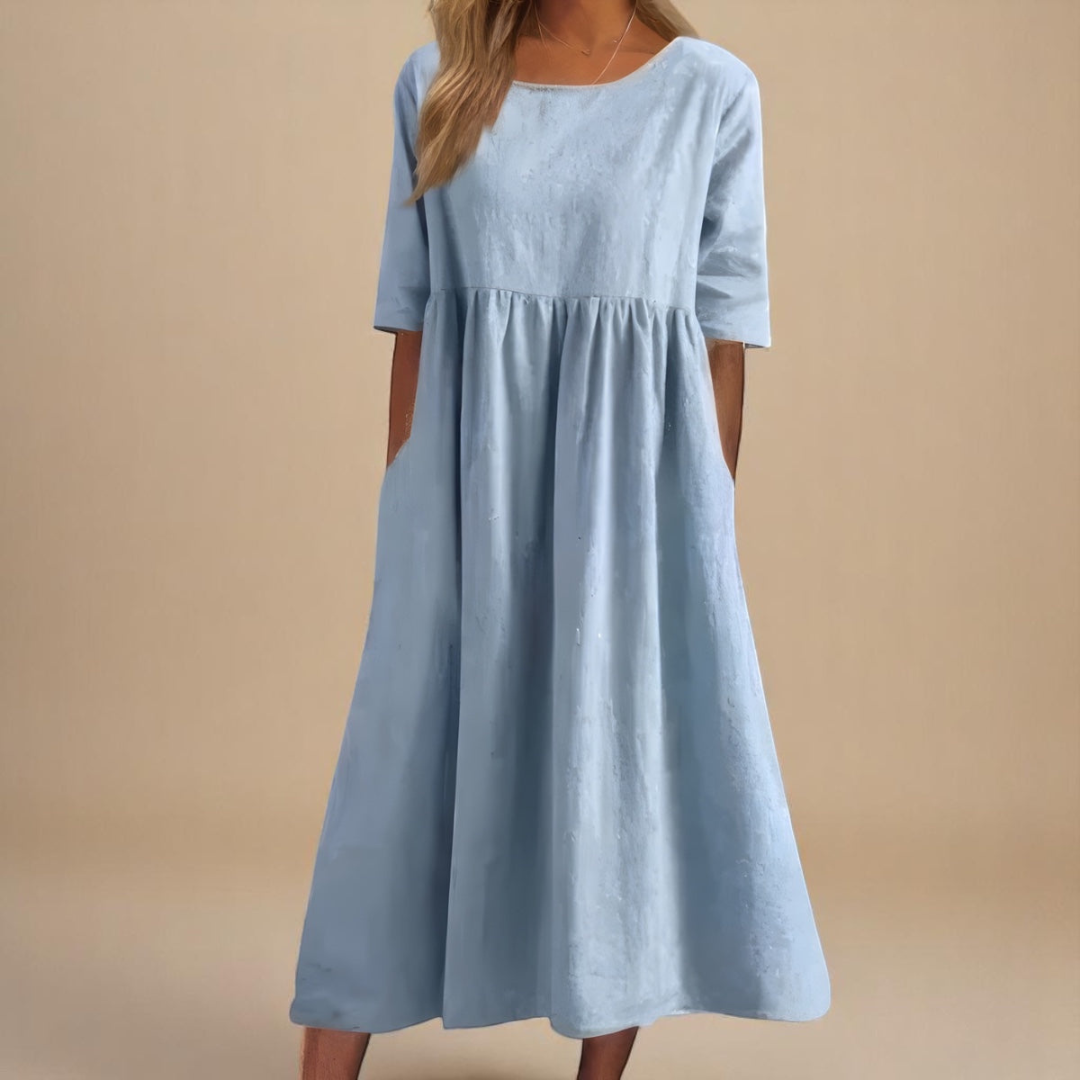 Women's Gathered Waist Half-Sleeve Midi Dress