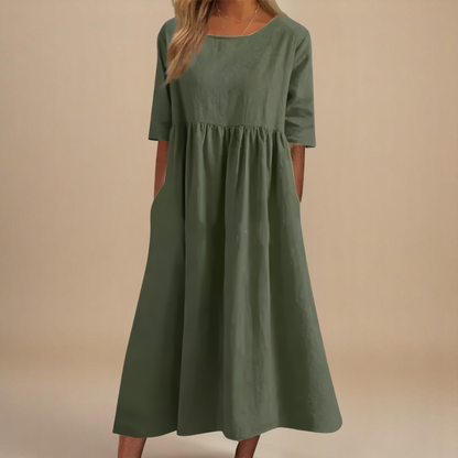 Women's Gathered Waist Half-Sleeve Midi Dress