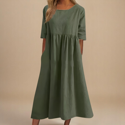 Women's Gathered Waist Half-Sleeve Midi Dress