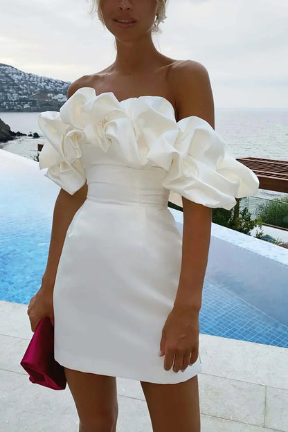 Off-Shoulder Satin Mini Dress with Ruffles