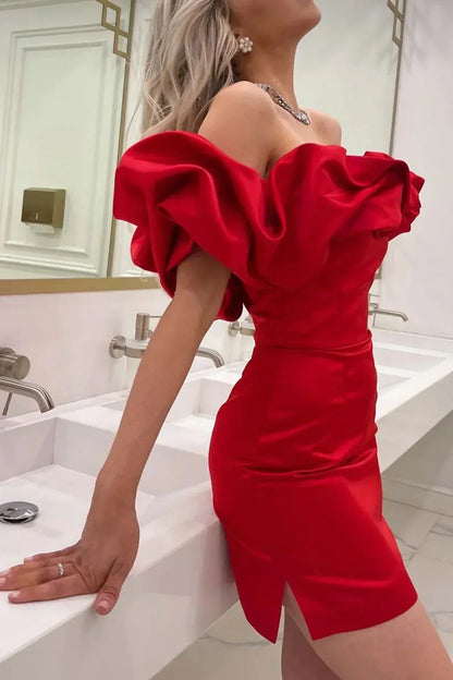Off-Shoulder Satin Mini Dress with Ruffles