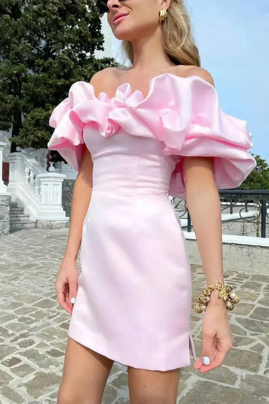 Off-Shoulder Satin Mini Dress with Ruffles
