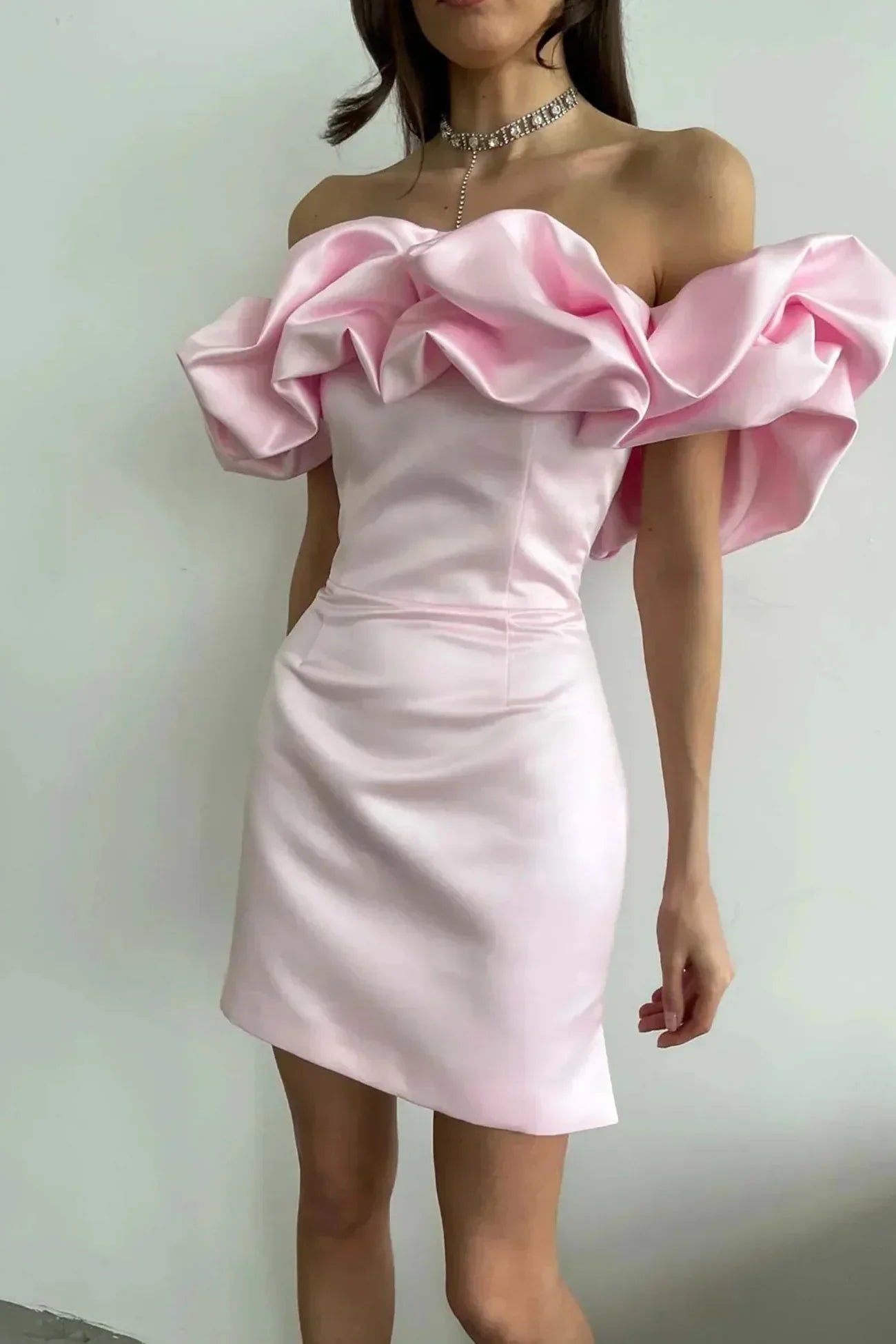 Off-Shoulder Satin Mini Dress with Ruffles