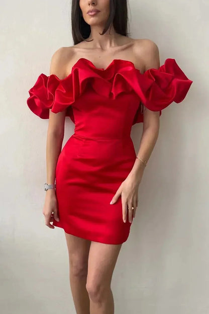 Off-Shoulder Satin Mini Dress with Ruffles