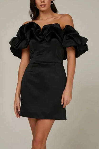 Off-Shoulder Satin Mini Dress with Ruffles