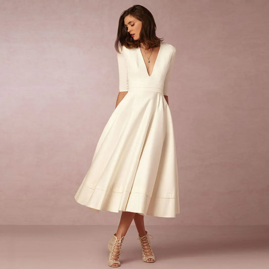 Elegant V-Neck Elbow-Sleeve Midi Dress