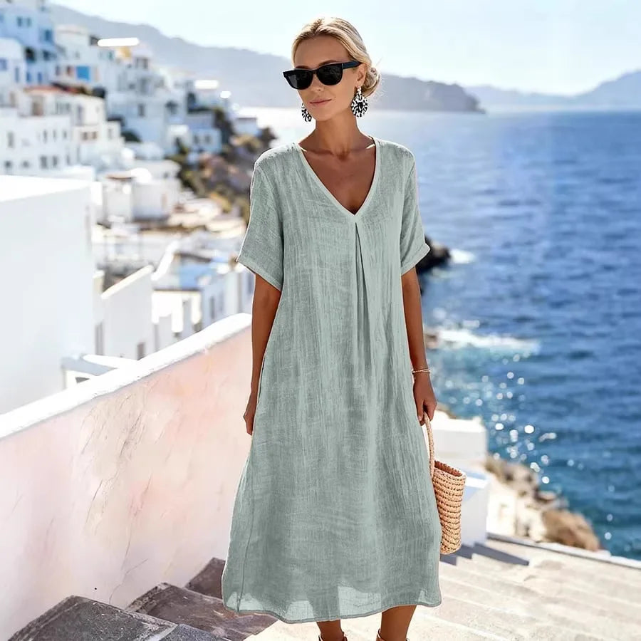 Women’s Relaxed V-Neck Midi Dress with Short Sleeves