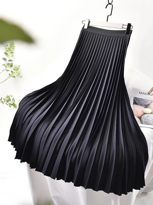 Elegant High Waist Pleated Midi Skirt for Women
