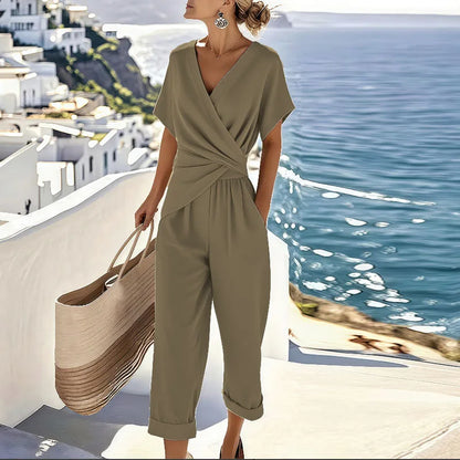 Elegant Coastal Wrap-Style Cropped Jumpsuit for Women