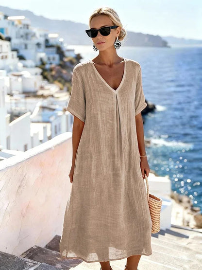 Women’s Relaxed V-Neck Midi Dress with Short Sleeves