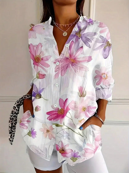 Women's Bold Abstract Print Long Sleeve Button-Front Blouse