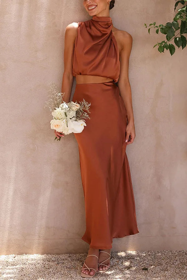Elegant Halter Neck Draped Crop Top & Flowing Skirt Evening Outfit
