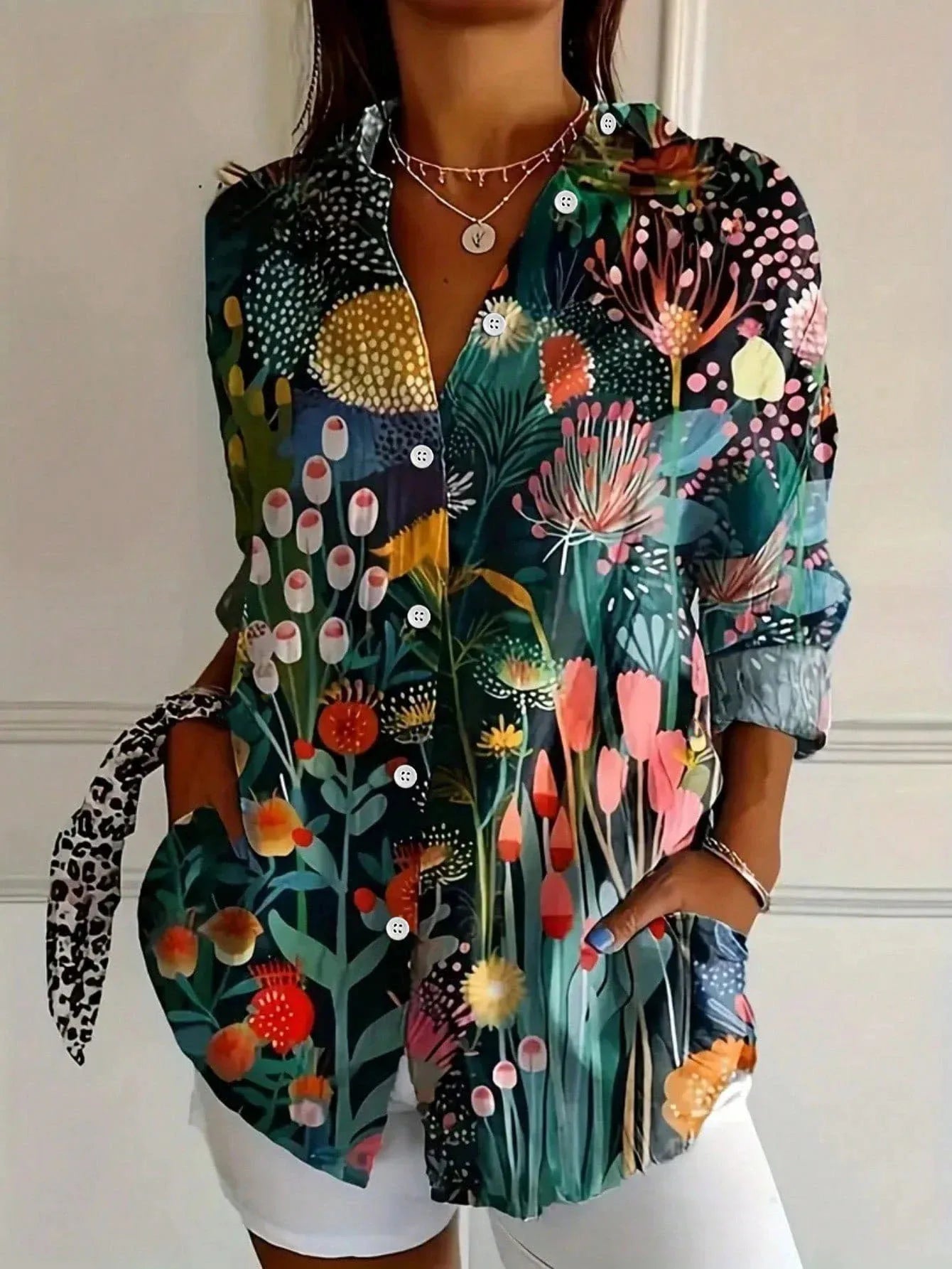 Colorful Artistic Floral Button-Up Blouse for Women