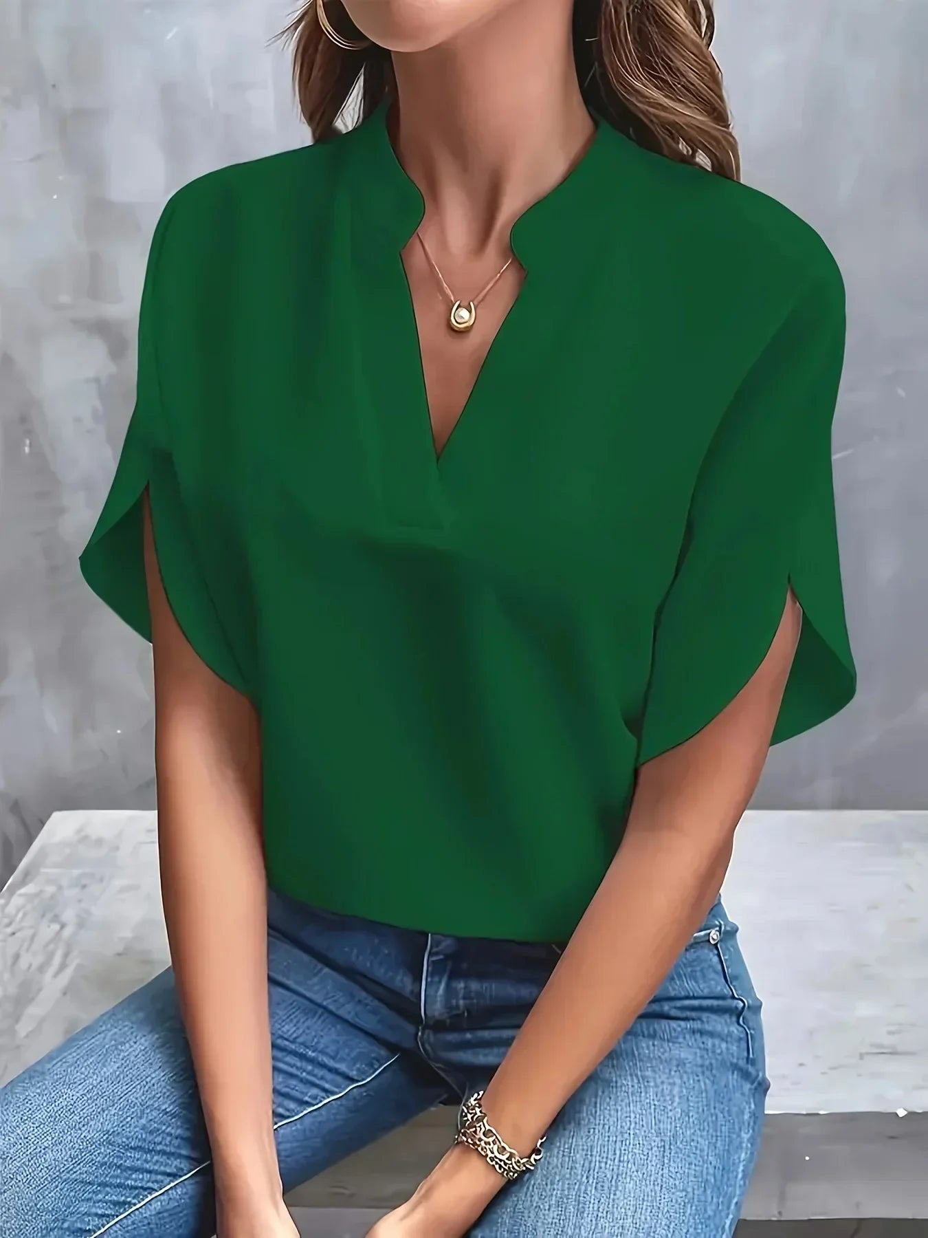 V-Neck Blouse Women Loose Fit Short Sleeve