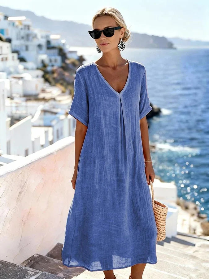 Women’s Relaxed V-Neck Midi Dress with Short Sleeves