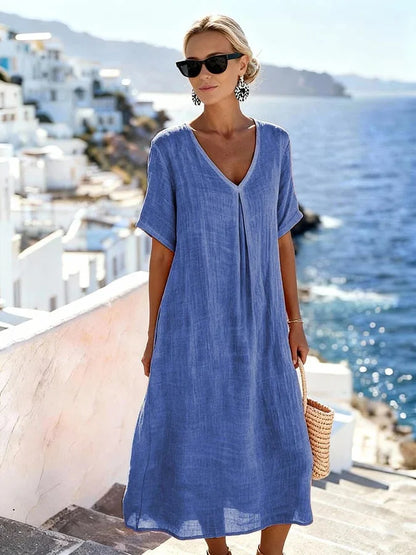 Women’s Relaxed V-Neck Midi Dress with Short Sleeves