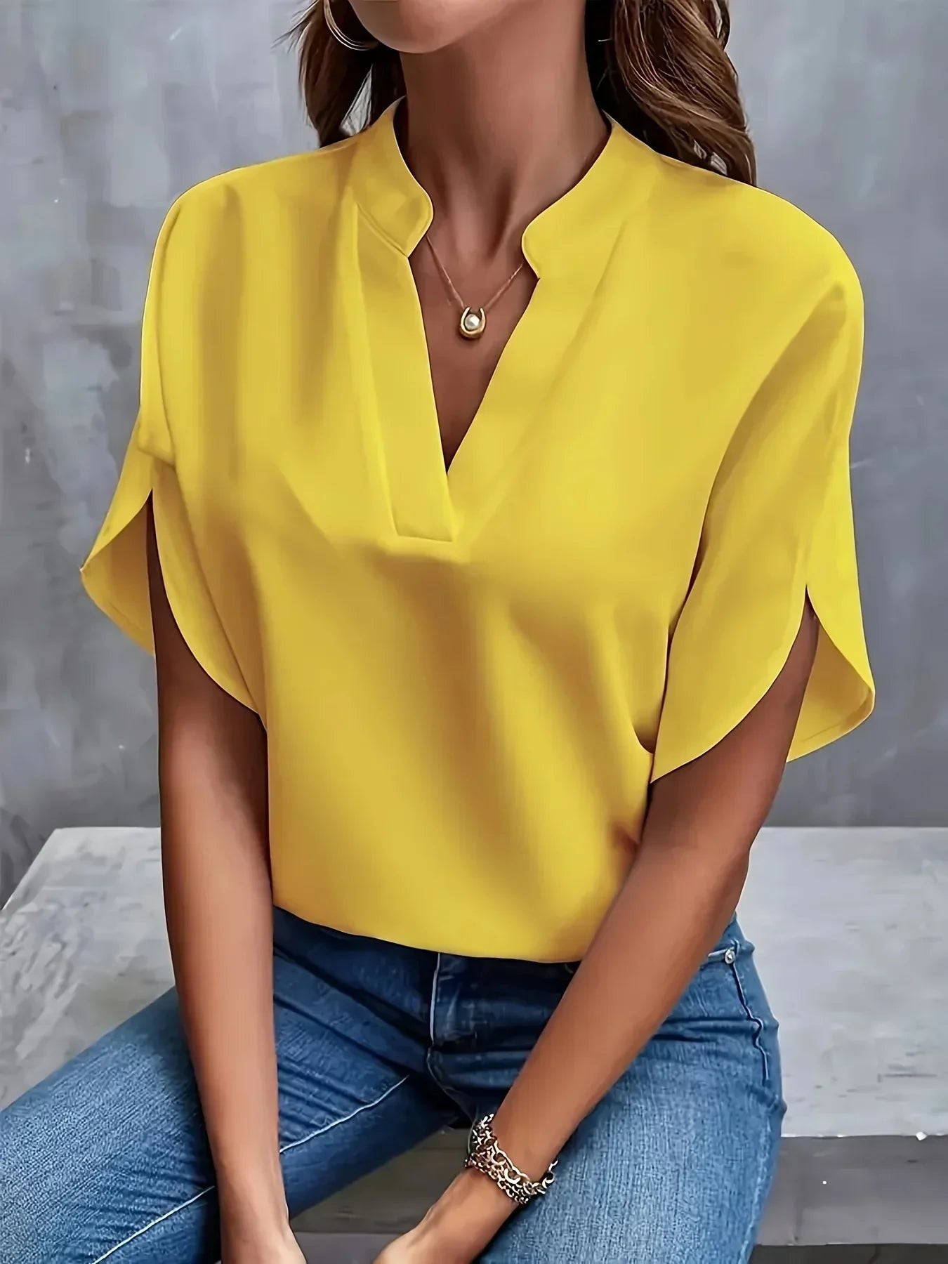 V-Neck Blouse Women Loose Fit Short Sleeve