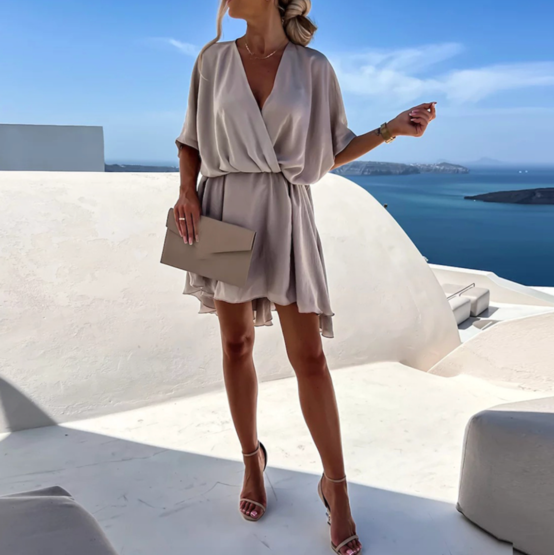 Elegant V-Neck  Flowy Wrap Mini Dress