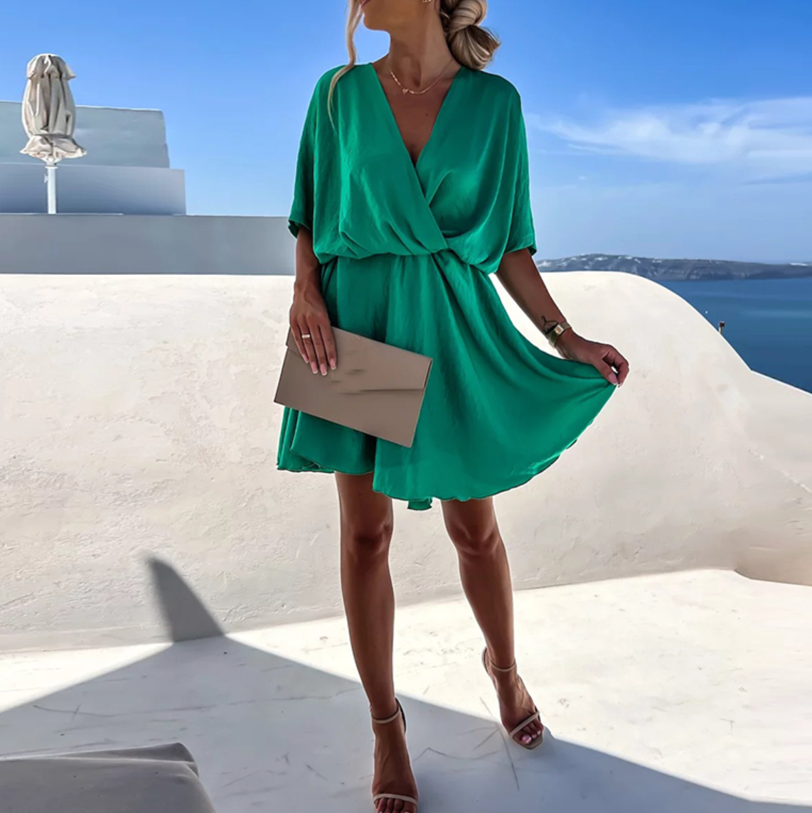Elegant V-Neck  Flowy Wrap Mini Dress