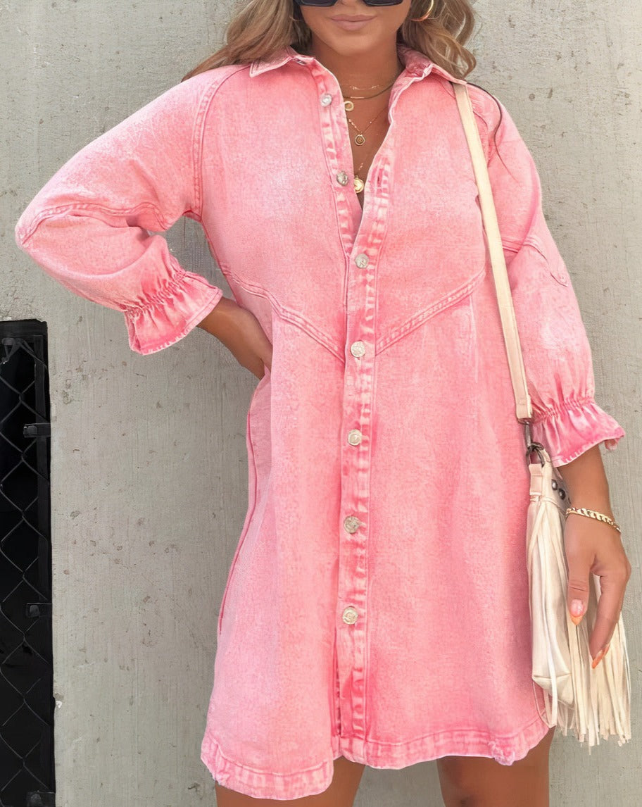 Button-Down Denim Dress with Ruffle Sleeves for Women
