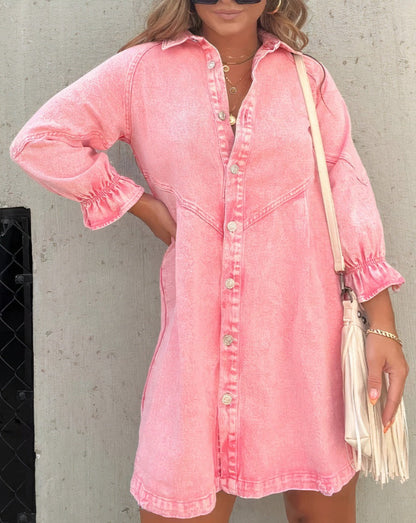 Button-Down Denim Dress with Ruffle Sleeves for Women