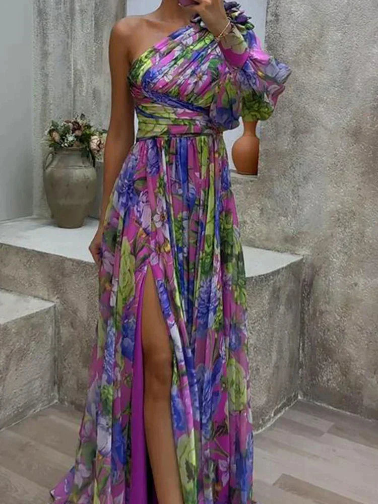 Flowy One-Shoulder Floral Maxi Dress with Side Slit