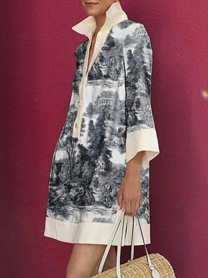 Vintage Toile Print Mini Tunic Dress for Women