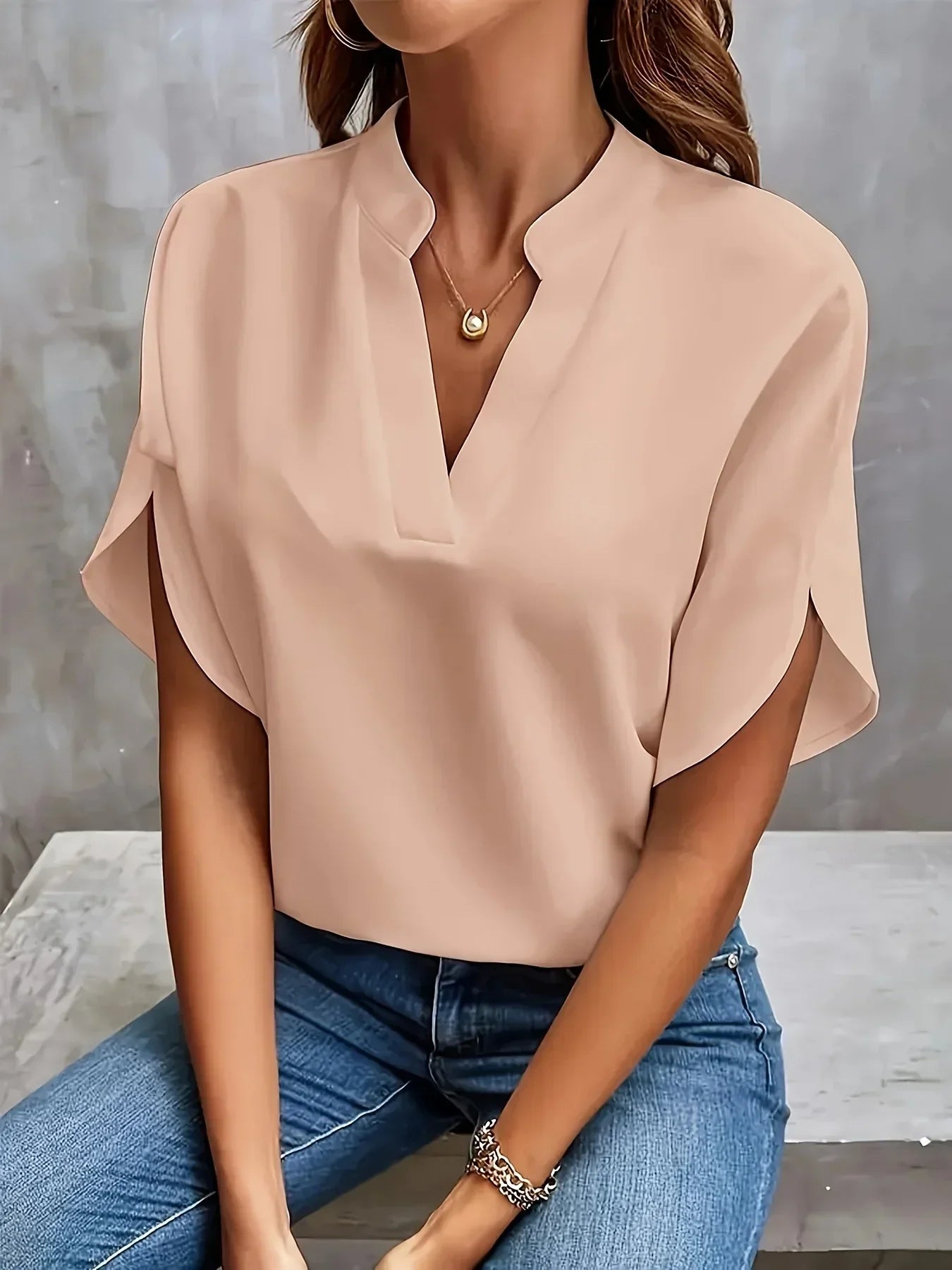 V-Neck Blouse Women Loose Fit Short Sleeve