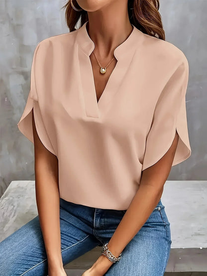 V-Neck Blouse Women Loose Fit Short Sleeve