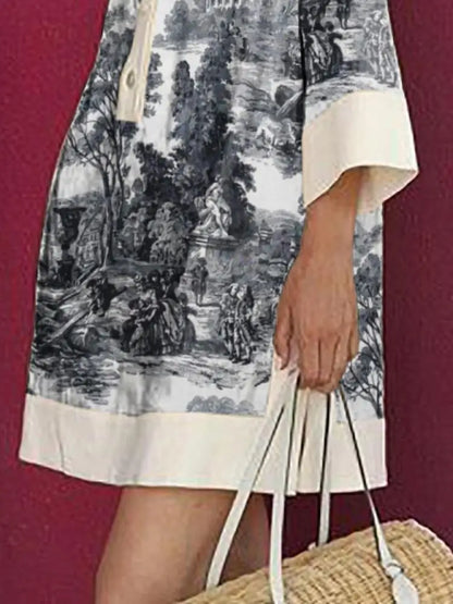 Vintage Toile Print Mini Tunic Dress for Women