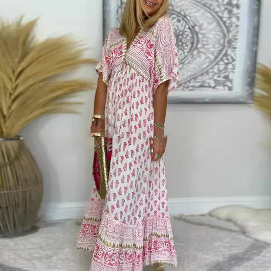 Women's Loose V-Neck Boho Print Maxi Dress with Border Detail