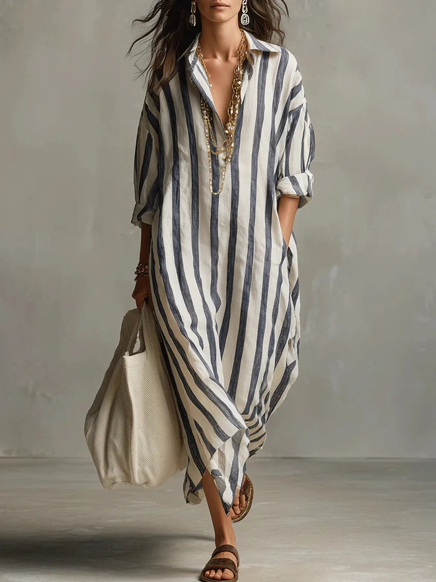 Women’s Striped Oversized Shirt Dress with Side Pockets