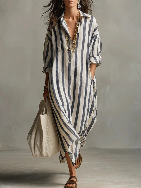 Women’s Striped Oversized Shirt Dress with Side Pockets