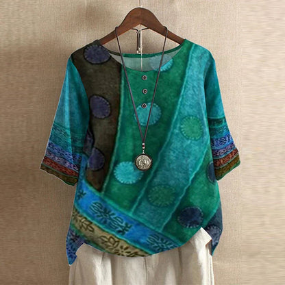 Women's Short Sleeve Round Neck Vintage Floral Blouse