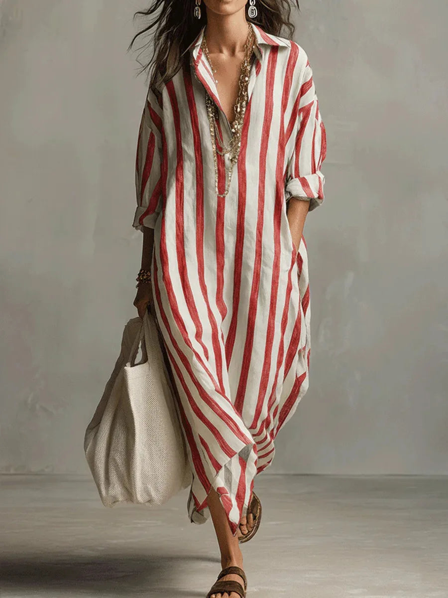 Women’s Striped Oversized Shirt Dress with Side Pockets
