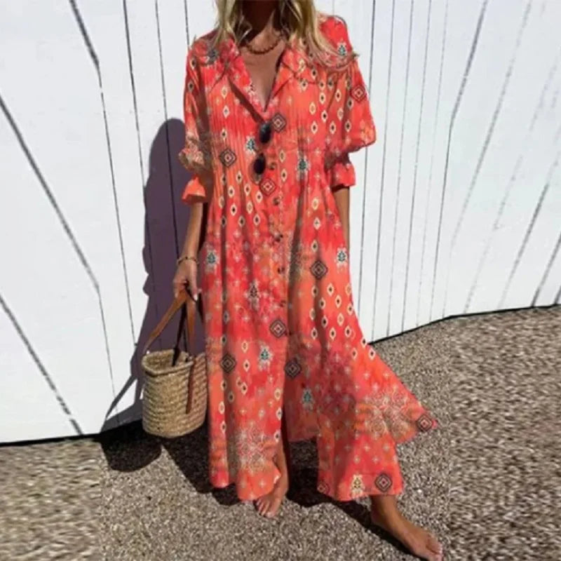 Loose Fit Printed Maxi Dress Women Beach Outfit