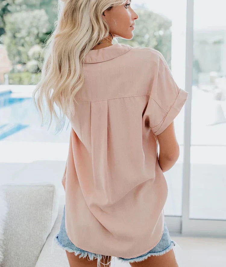 Casual Button Front Short Sleeve Summer Blouse for Women