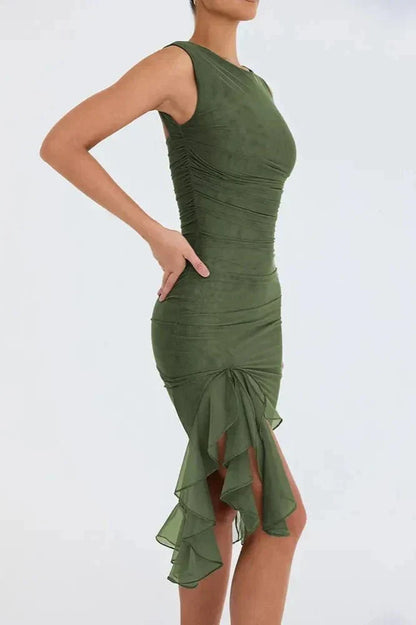 Women’s Sleeveless Ruched Midi Dress with Asymmetrical Hem