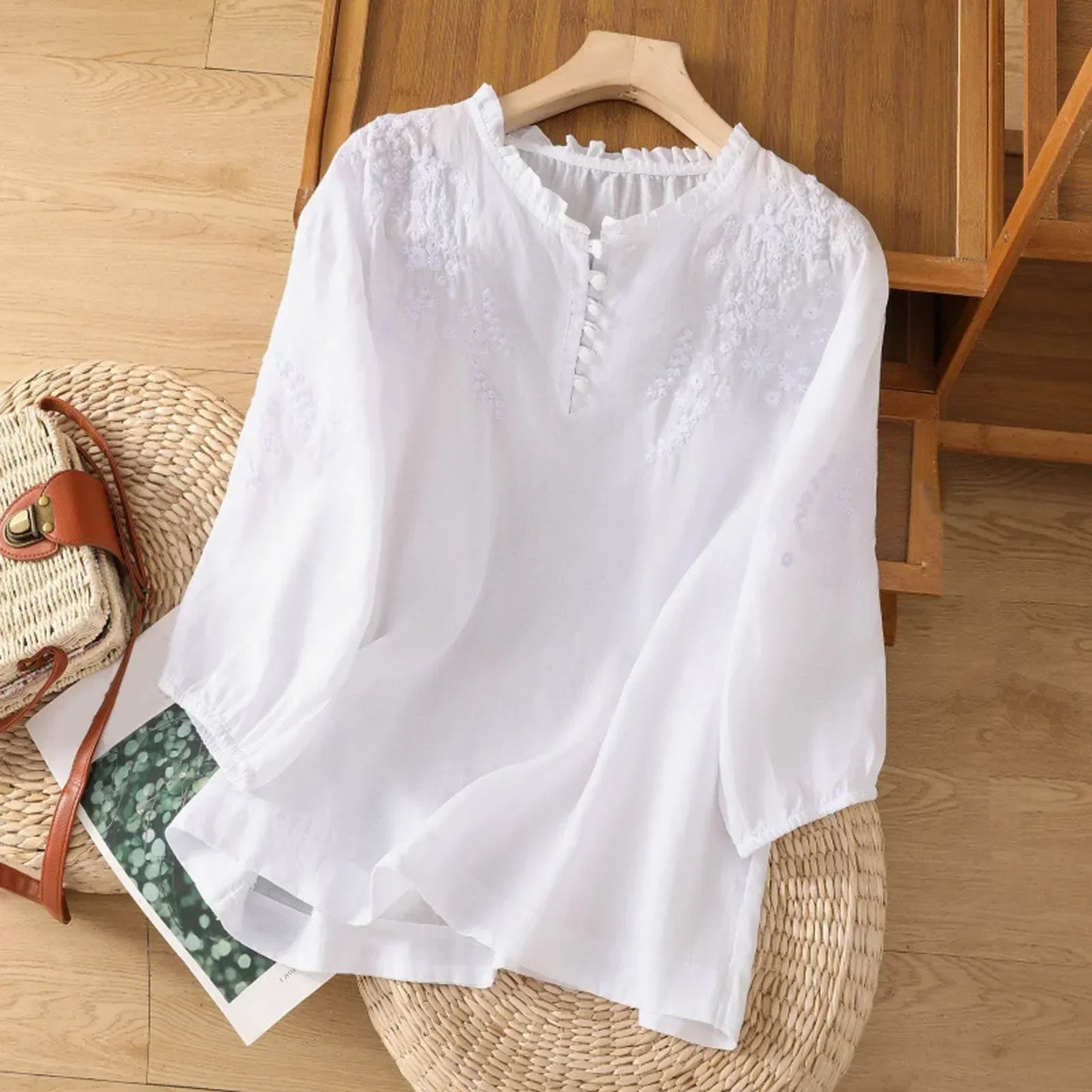 Embroidered Short Sleeve Blouse with Relaxed Fit