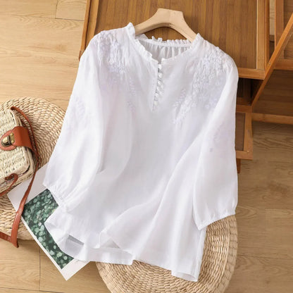 Embroidered Short Sleeve Blouse with Relaxed Fit