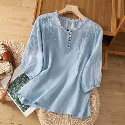 Embroidered Short Sleeve Blouse with Relaxed Fit