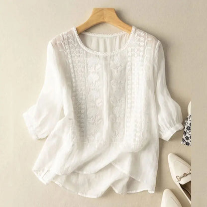 Embroidered Round Neck Casual Blouse for Women
