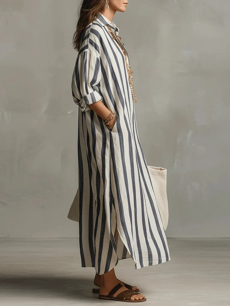 Women’s Striped Oversized Shirt Dress with Side Pockets