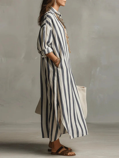 Women’s Striped Oversized Shirt Dress with Side Pockets