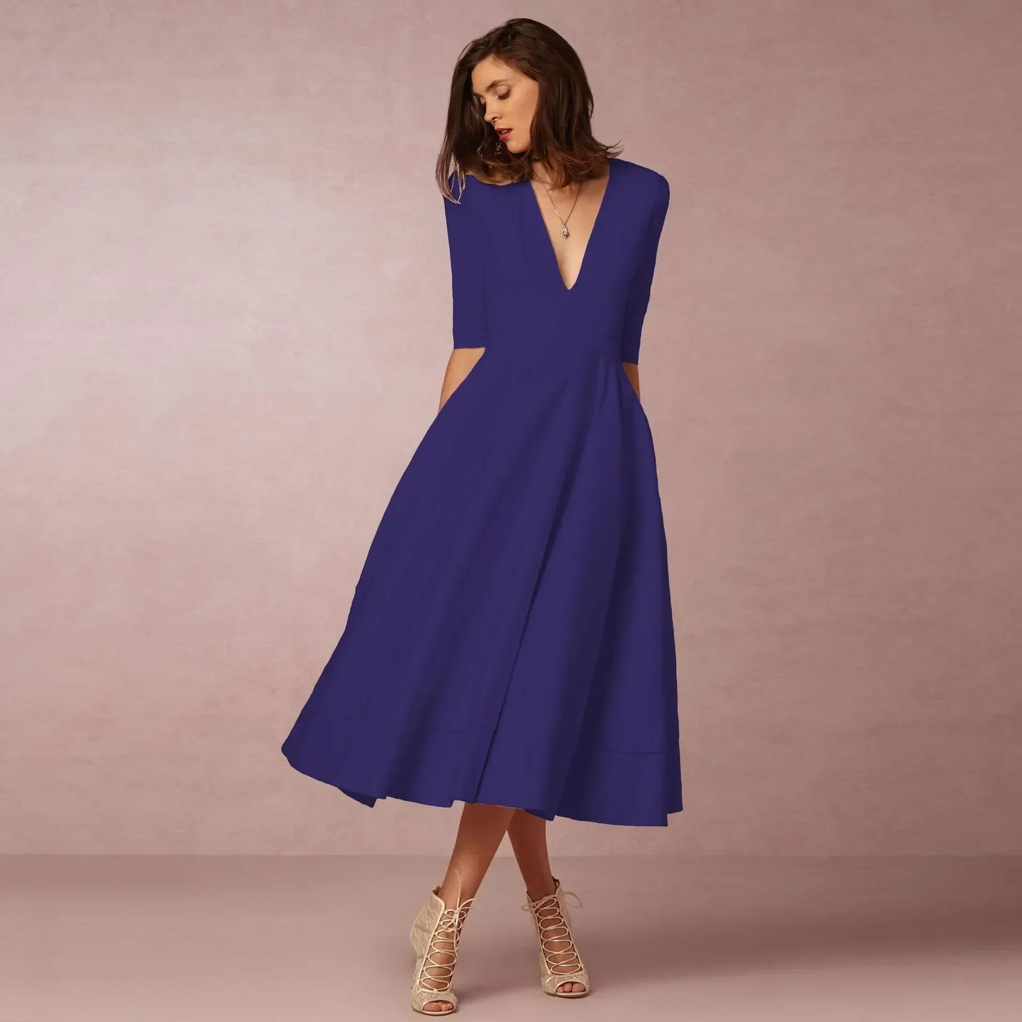 Elegant V-Neck Elbow-Sleeve Midi Dress