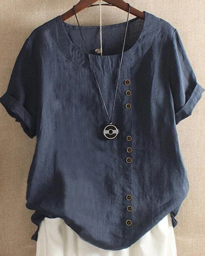 Women's Casual Button Detail Blouse with Rolled Short Sleeves